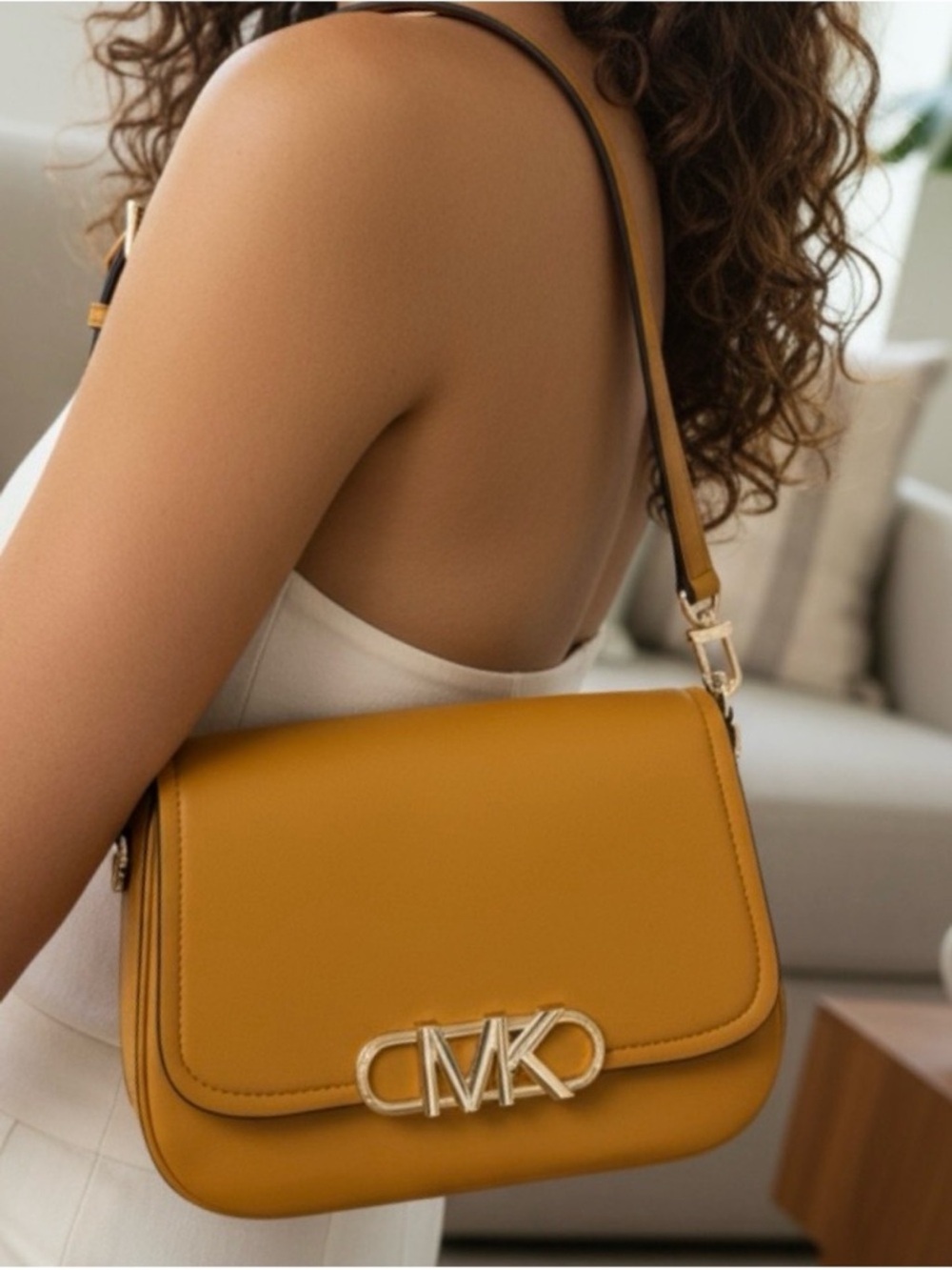 Michael Kors Parker Empire Logo Leather Shoulder Purse Bag, Marigold Yellow